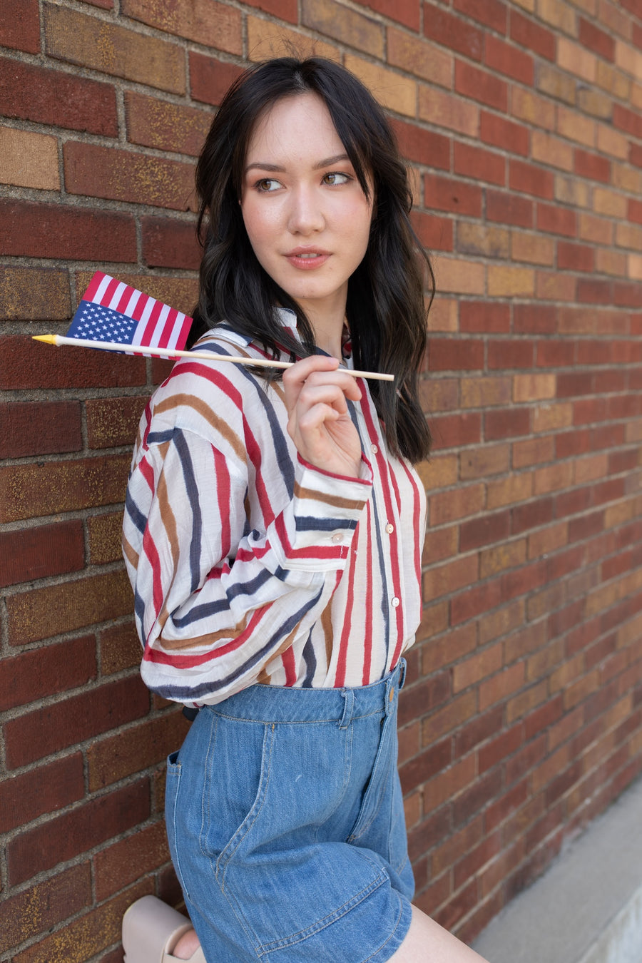 American Stripes Chiffon Button Down Blouse