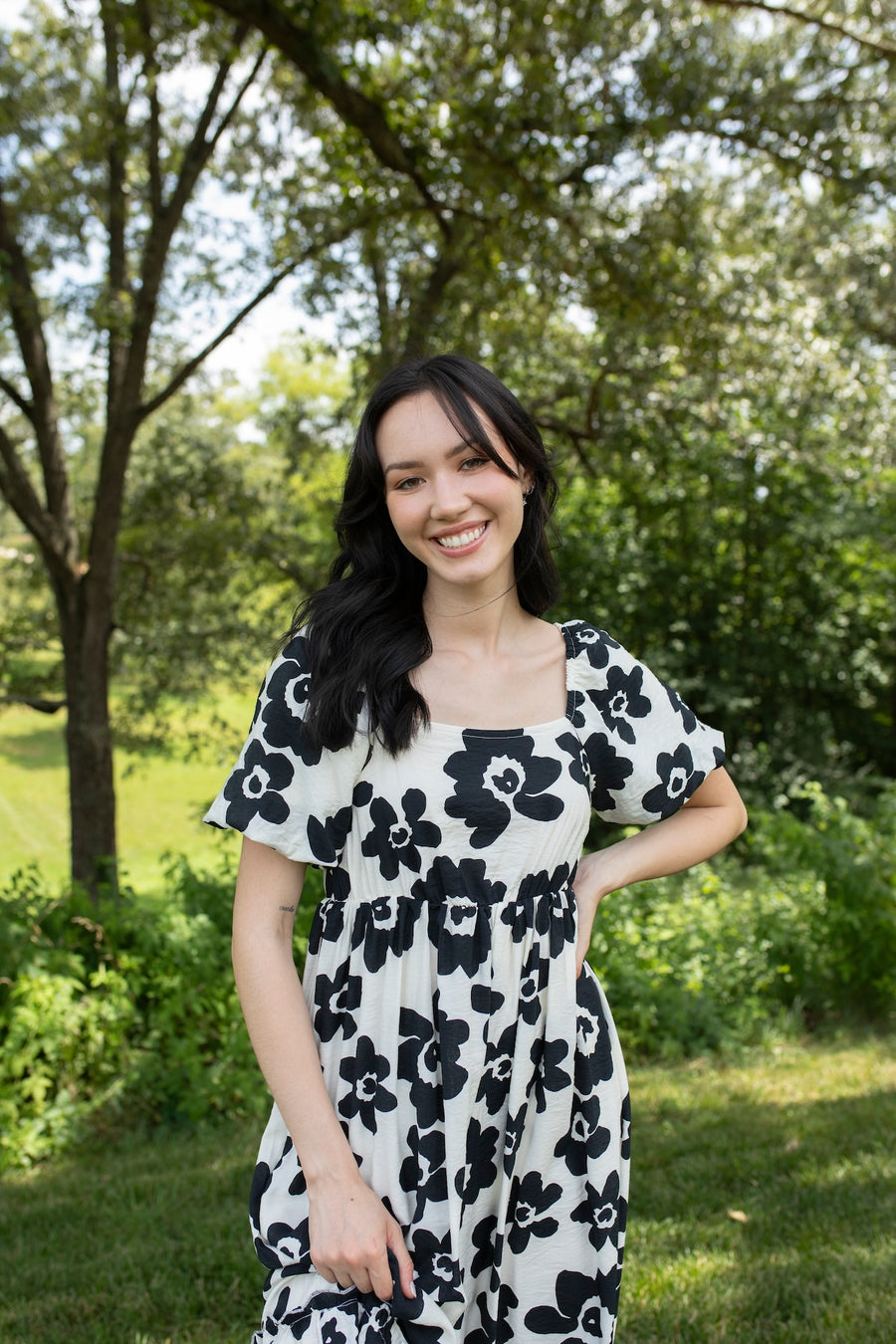 Black and White Bloom Puff Sleeve Maxi Dress