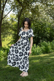 Black and White Bloom Puff Sleeve Maxi Dress