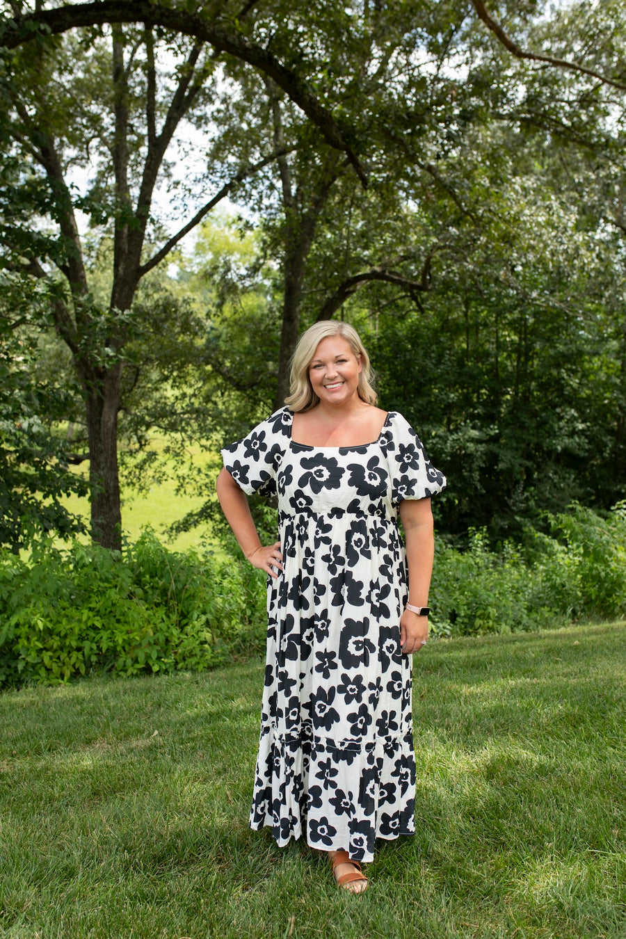 Black and White Bloom Puff Sleeve Maxi Dress