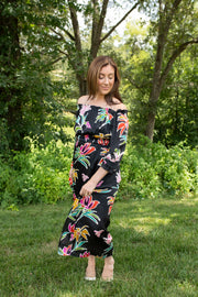 Bloom in Black Off-the-Shoulder Maxi Dress