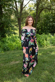 Bloom in Black Off-the-Shoulder Maxi Dress