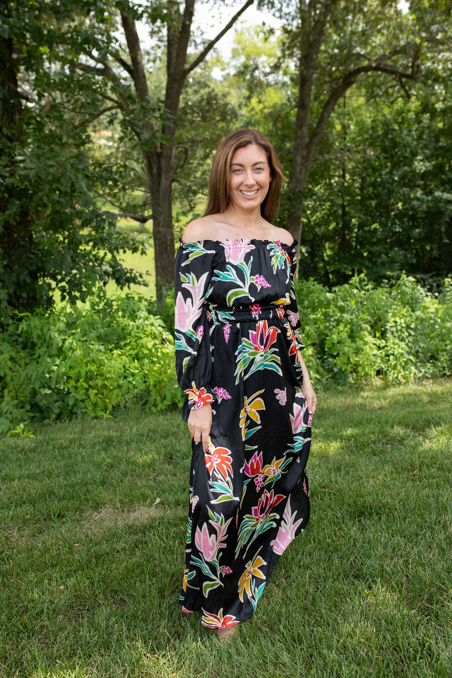 Bloom in Black Off-the-Shoulder Maxi Dress