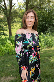 Bloom in Black Off-the-Shoulder Maxi Dress