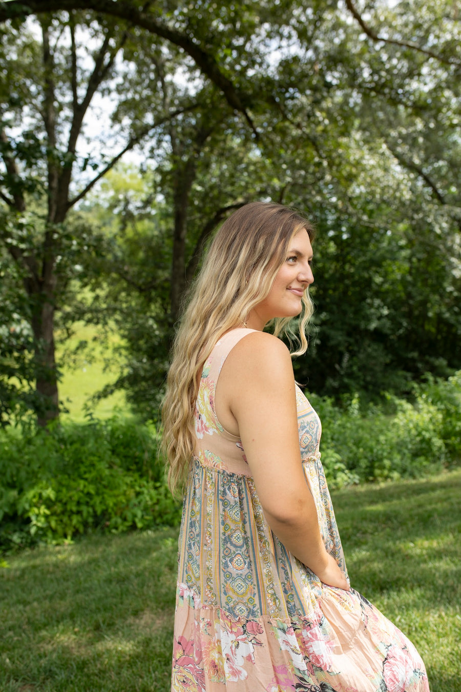 Boho Blossom Mixed Stripe Midi Dress