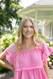 Bubblegum Pink Flutter Top with Eyelet Lace