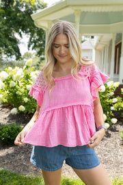 Bubblegum Pink Flutter Top with Eyelet Lace