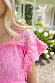 Bubblegum Pink Flutter Top with Eyelet Lace