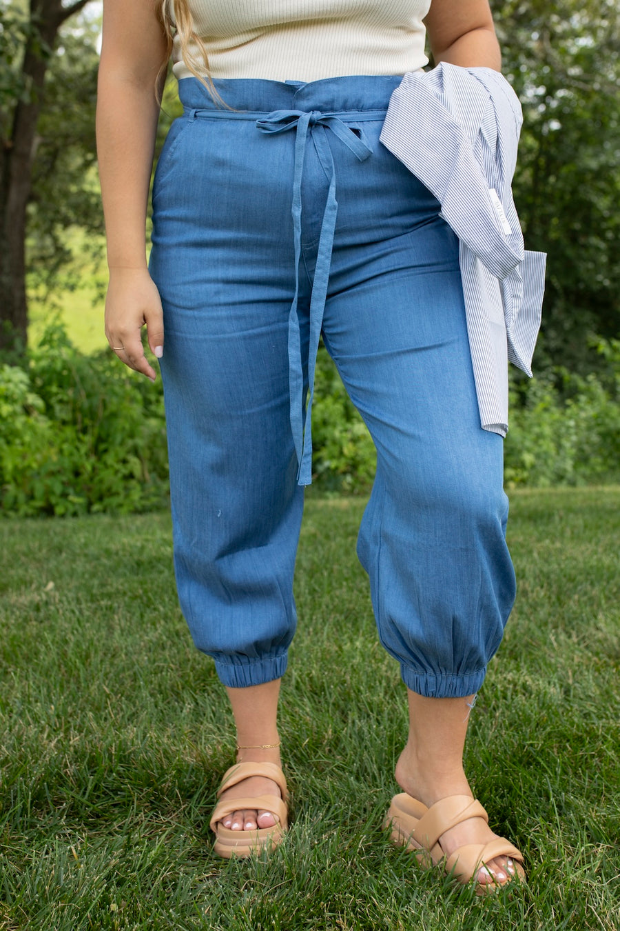 Chambray Joggers in Medium Wash Blue