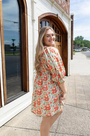 Coral Blossom Floral Puff Sleeve Dress