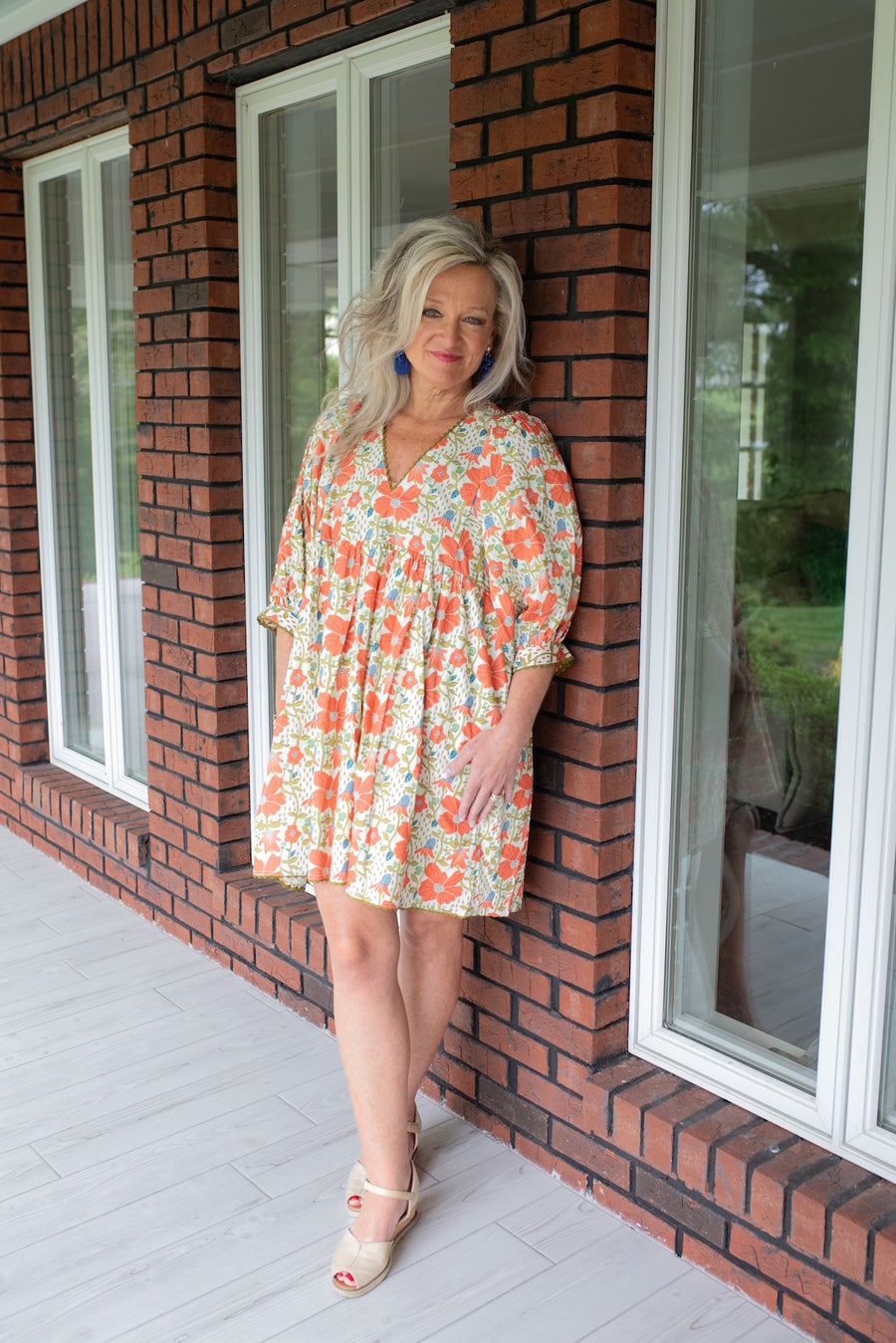 Coral Blossom Floral Puff Sleeve Dress