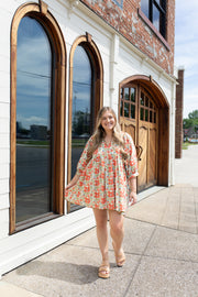 Coral Blossom Floral Puff Sleeve Dress