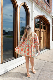 Coral Blossom Floral Puff Sleeve Dress