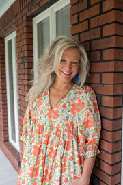 Coral Blossom Floral Puff Sleeve Dress