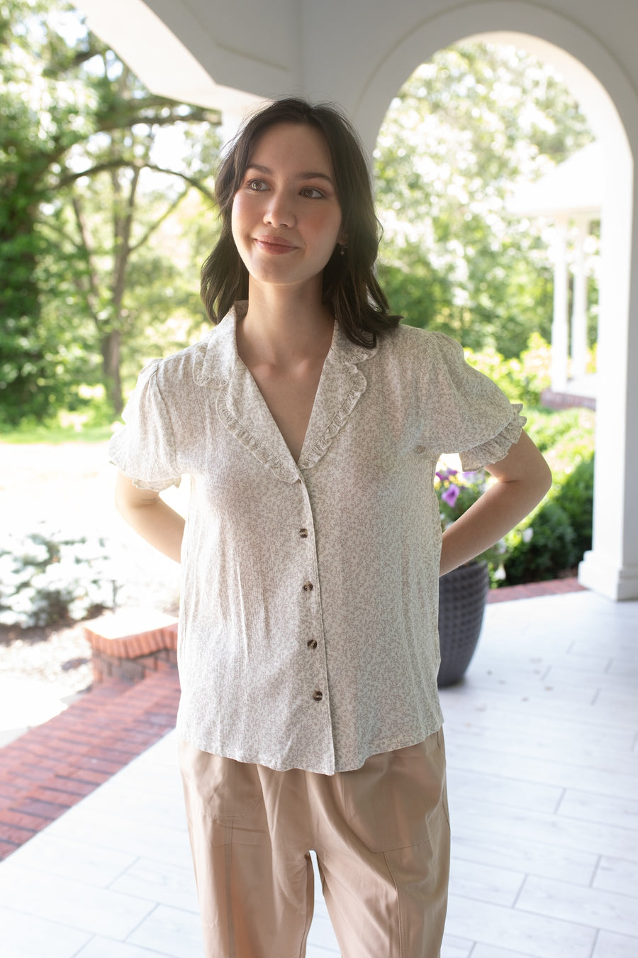 Ditsy Darling Smocked Sleeve Button Down Blouse