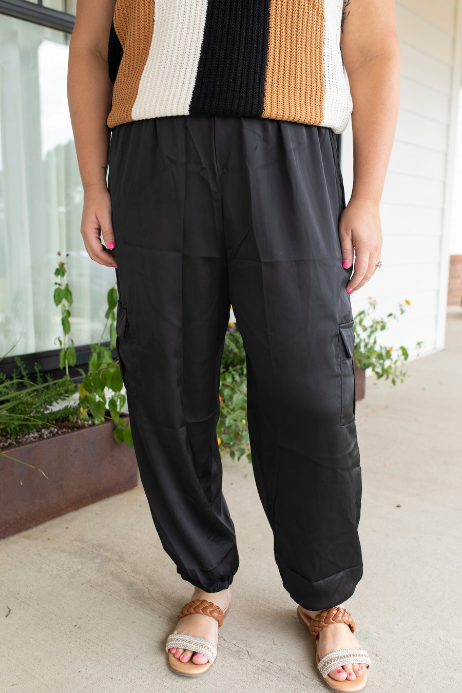 Drawstring Satin Cargo Joggers