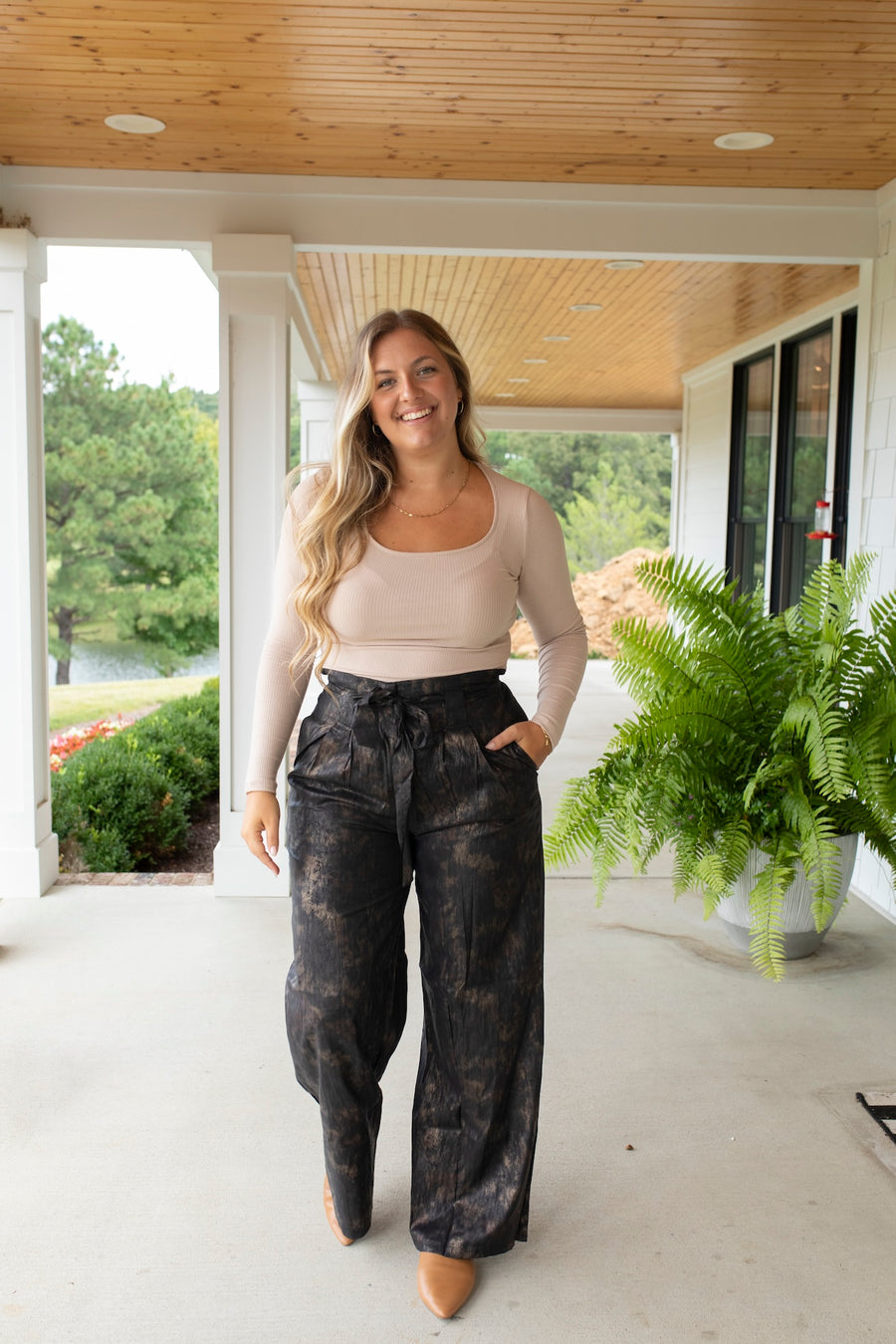 Glistening High-Waisted Bow Pants