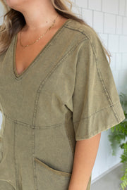 Olive Green Vintage V-Neck Jumpsuit