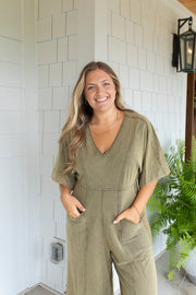 Olive Green Vintage V-Neck Jumpsuit