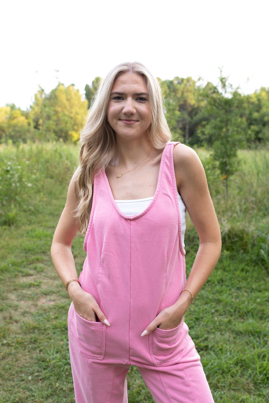 Pink Pocketed U-Neck Jumpsuit