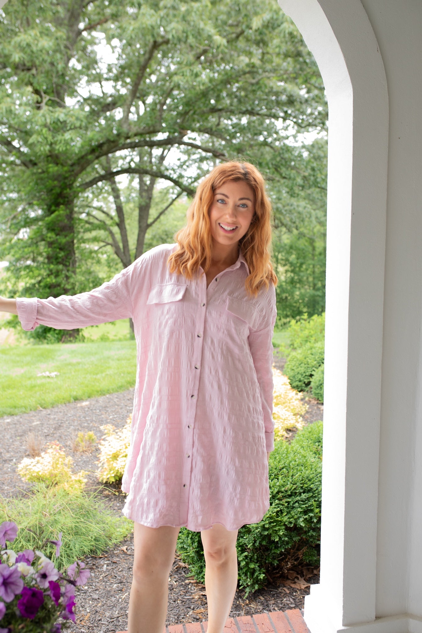 button down dress pink Pink Textured Button Down Shirt Dress