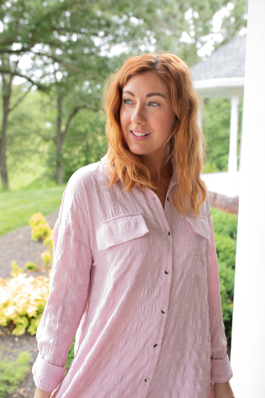 Pink Textured Button Down Shirt Dress