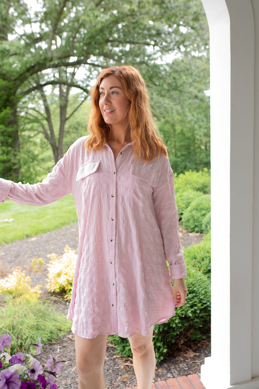 Pink Textured Button Down Shirt Dress