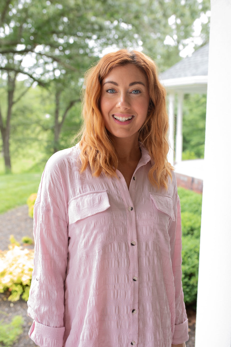 Pink Textured Button Down Shirt Dress