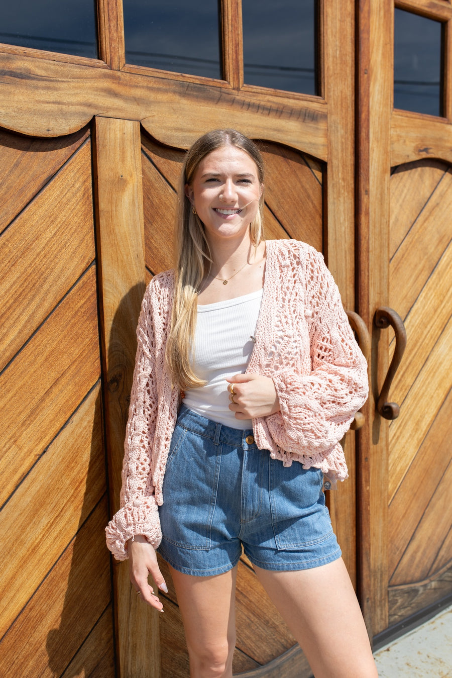 Powder Pink Oversized Crochet Cardigan