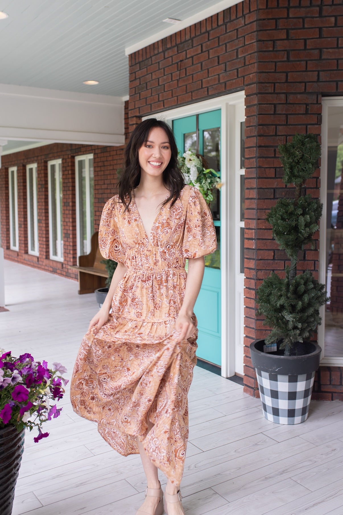 Puff Sleeve Paisley and Cream Maxi Dress