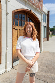 Square Neck White Top with Pink Piping