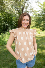 Taupe Polka Dot Tie-Back Knit Top