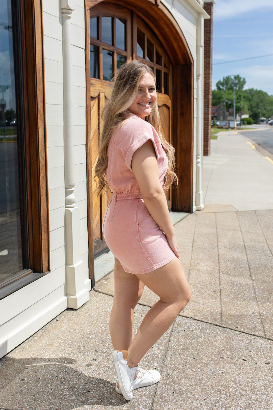 Washed Denim Pink Button Down Romper