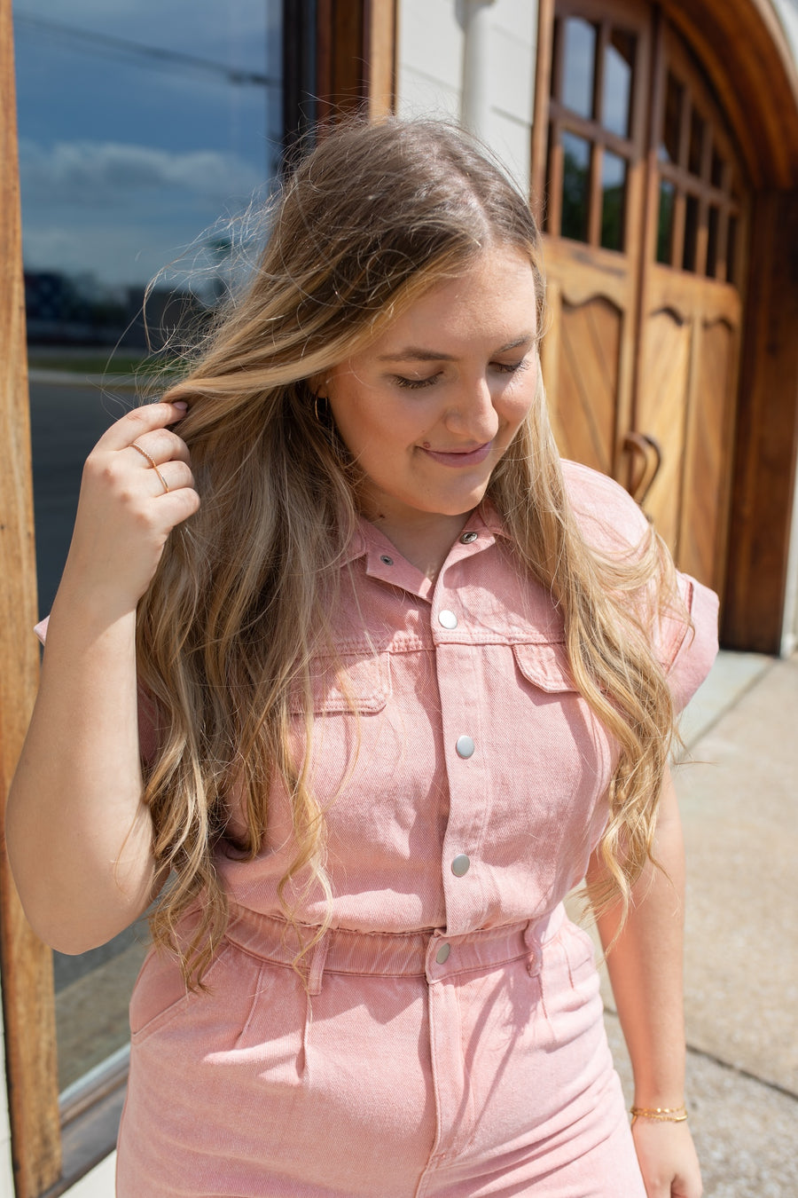 Washed Denim Pink Button Down Romper