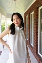 White Elegance High Neck Ruffle Dress